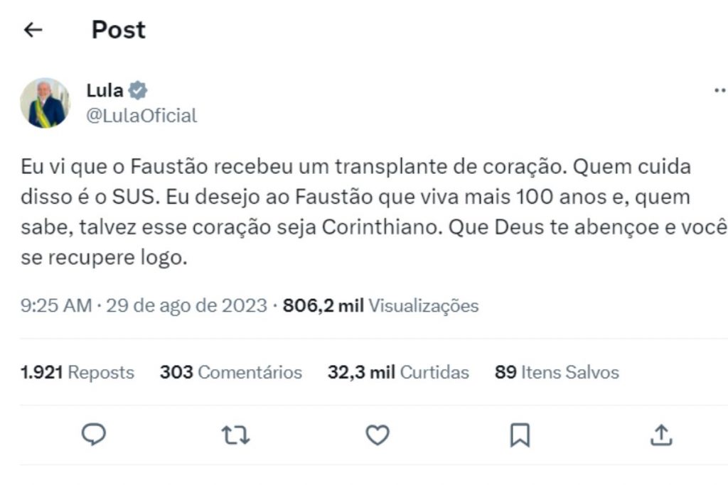 Mensagem do Presidente Lula para Faustão