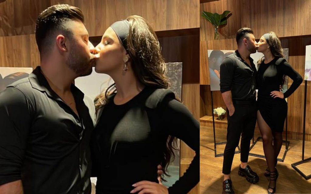 Murilo Huff e Gabriela Versiani se beijando no lançamento do clipe "Praia" 