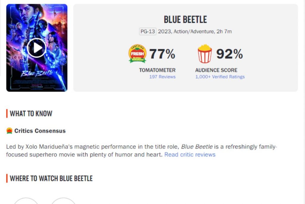 Nota da crítica e do público de Besouro Azul no Rotten Tomatoes