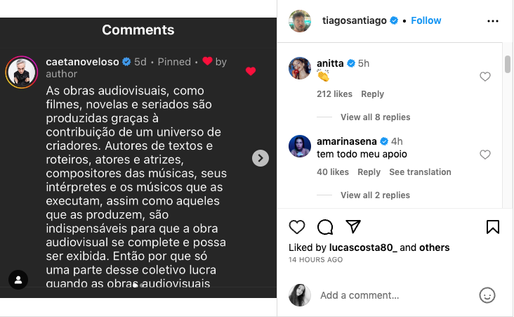 Reprodução de um comentário de de Caetano Veloso