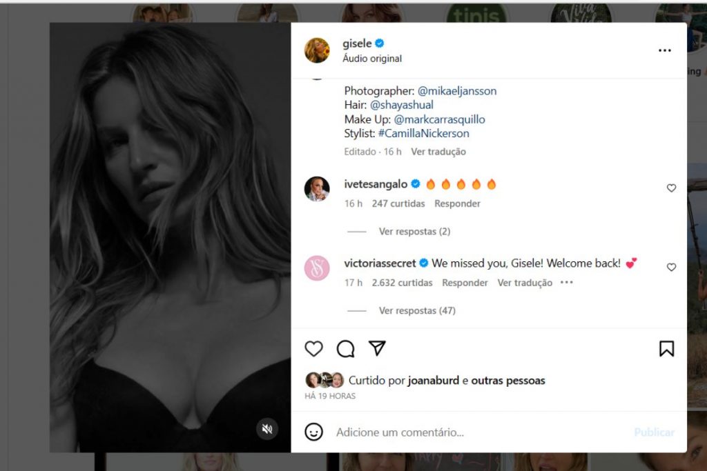 Post de Gisele Bündchen com comentário da grife Victoria's Secret