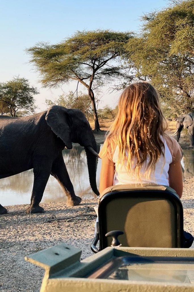 Vivian de costas observando um elefante 