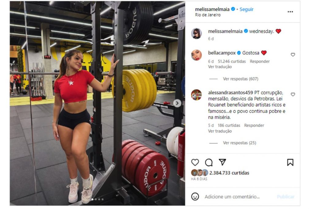 Bella Campos elogiando Mel Maia no Instagram