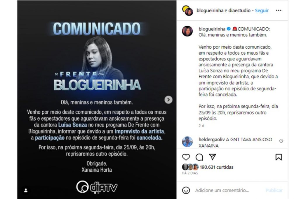 Comunicado de cancelamento da entrevista de Luísa Sonza com Blogueirinha no Instagram