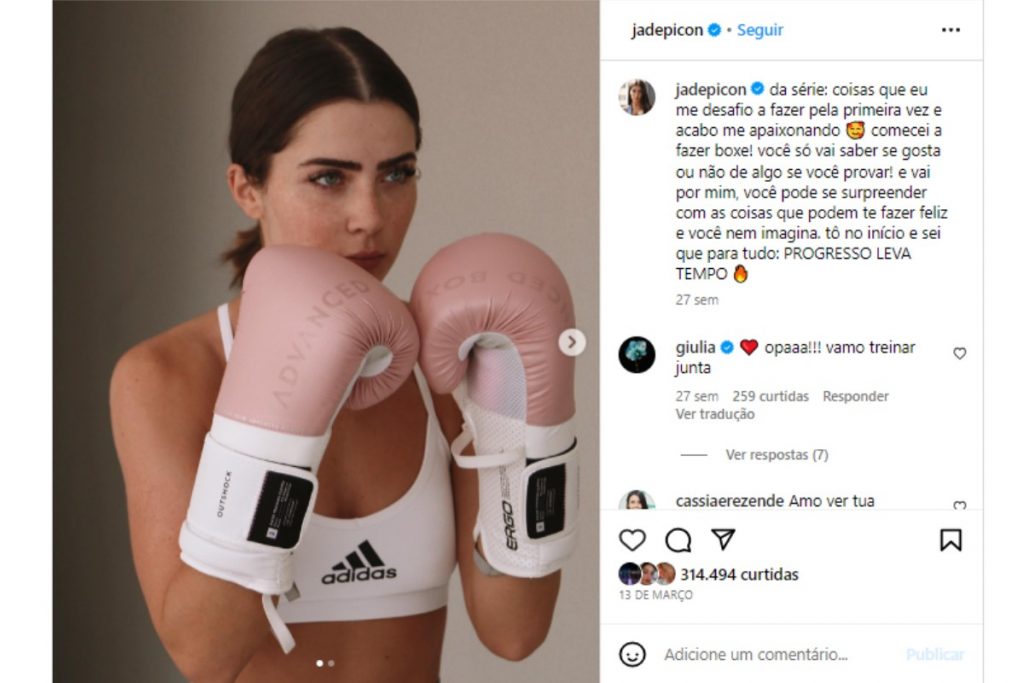 Jade Picon revelando que começou a treinar boxe no Instagram