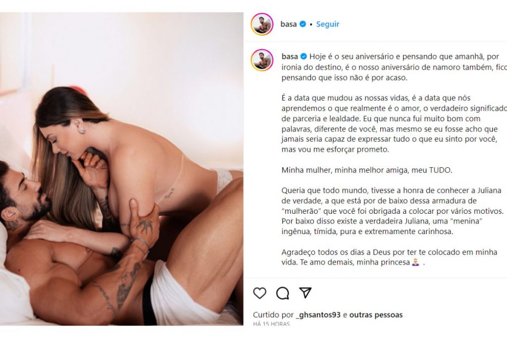 Diogo Basaglia homenageia Juju Salimeni em dia de aniversário, com foto onde ela faz topless