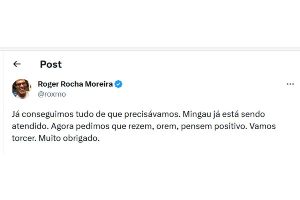 Post de Roger Moreira sobre Mingau ser atendido depois de baleado na cabeça