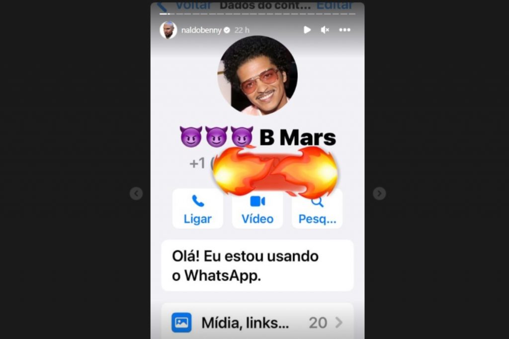 Stories de Naldo Benny mostrando contato de Bruno Mars no Instagram