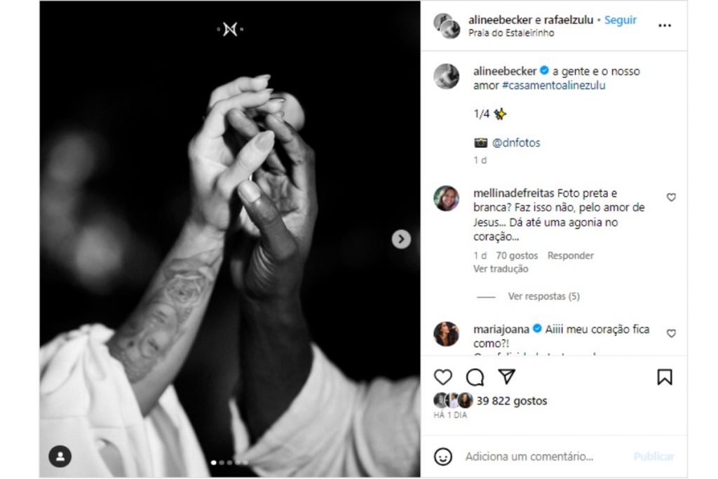 Aline Becker e Rafael Zulu comemorando casamento no Instagram