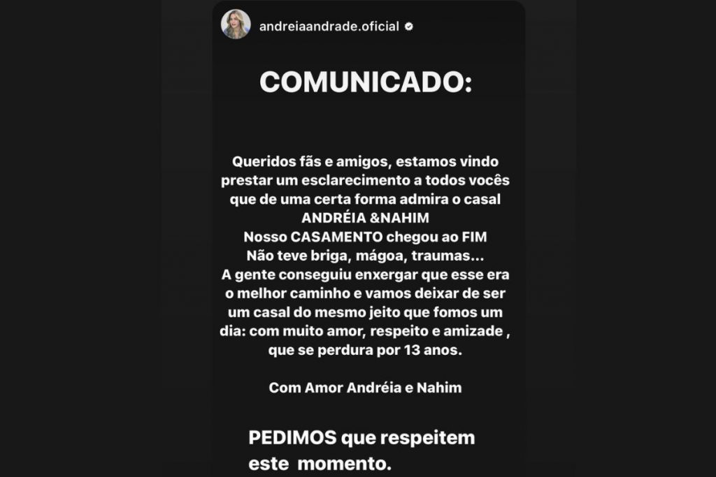 Andreia Andrade comunicou os fãs sobre a separação