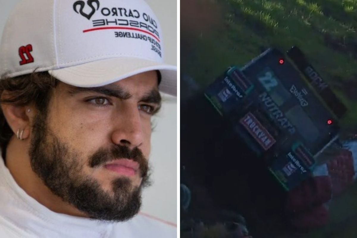Fotomontagem de Caio Castro com caminhão que ele quase capotou, neste sábado
