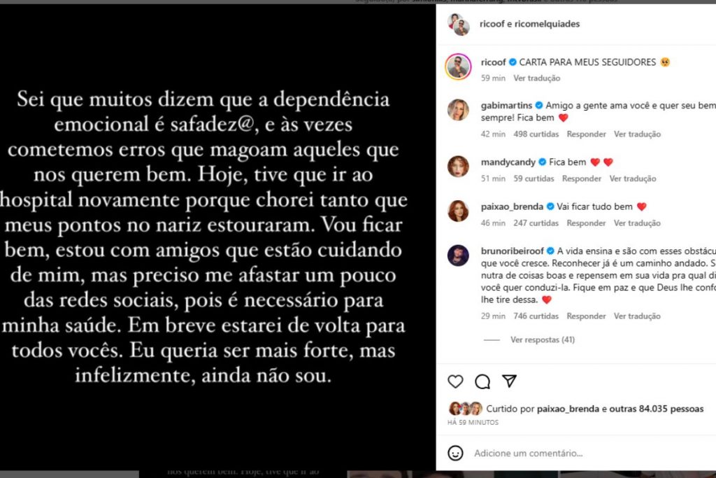 Carta de Rico Melquiades após término de noivado com Matheus Freire (Divulgação/Instagram)