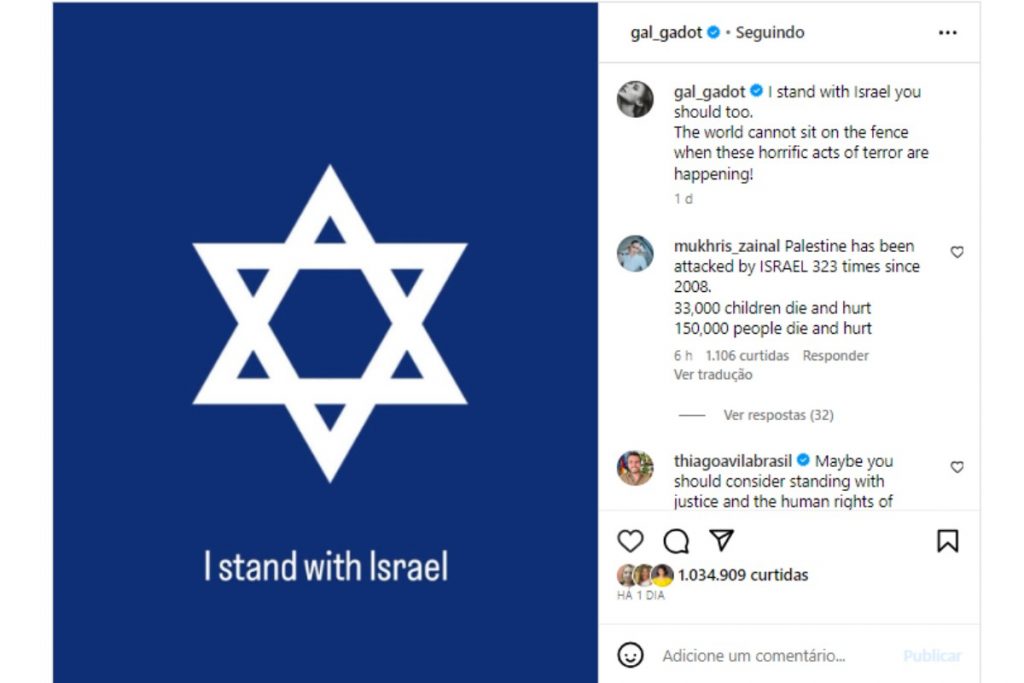 Gal Gadot se pronunciando sobre Guerra entre Israel e Palestina no Instagram