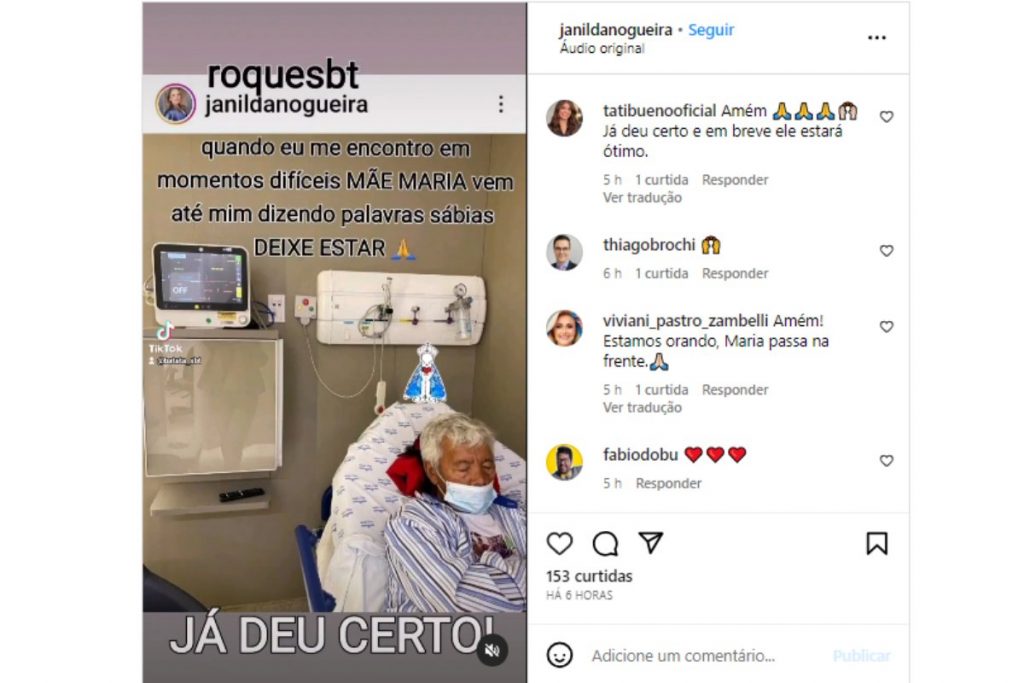 Janilda Nogueira orando pela melhora de Roque no Instagram