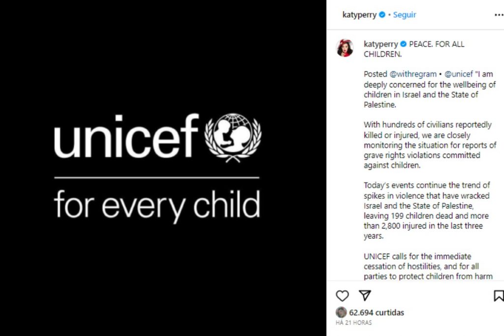 Katy Perry se pronunciando sobre Guerra entre Israel e Palestina no Instagram