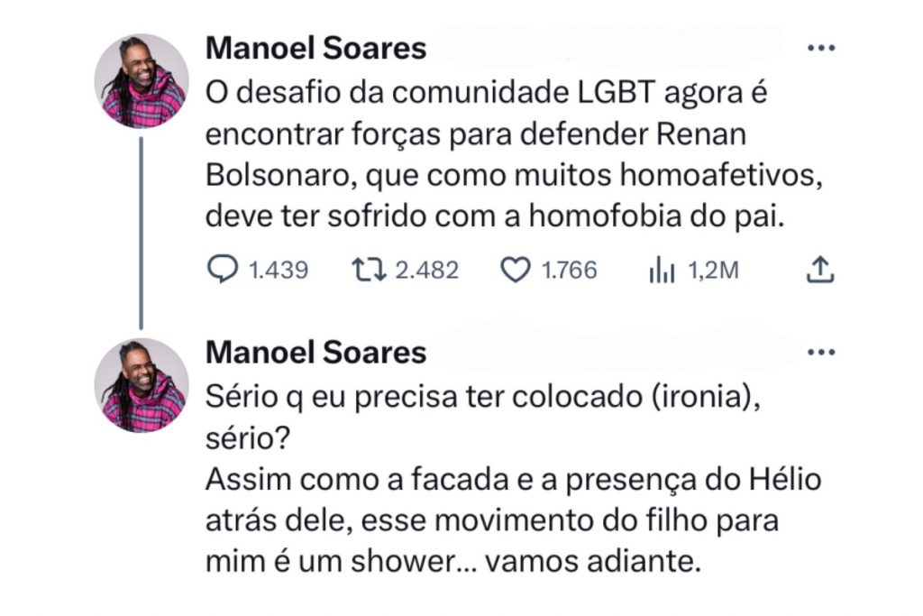 Postagem de Manoel Soares sobe apoio de Renan Bolsonaro
