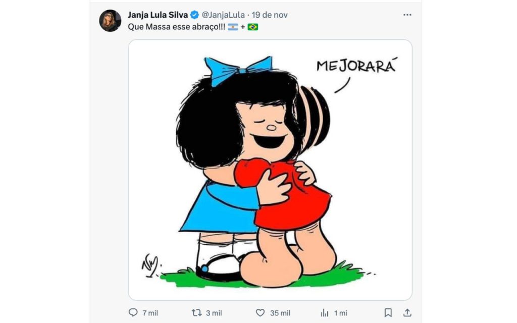 Post de Janja usando Mafalda e Mônica