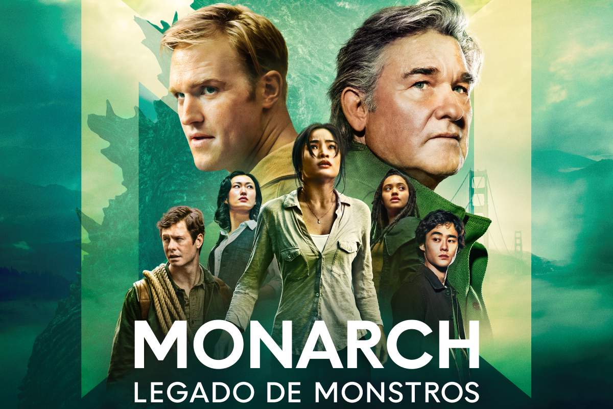 Atores e logo no cartaz da série monarch - legado de monstros