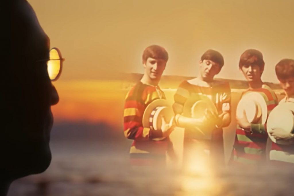 Imagem de John Lennon vendo o por do sol, mesclada com Os Beatles