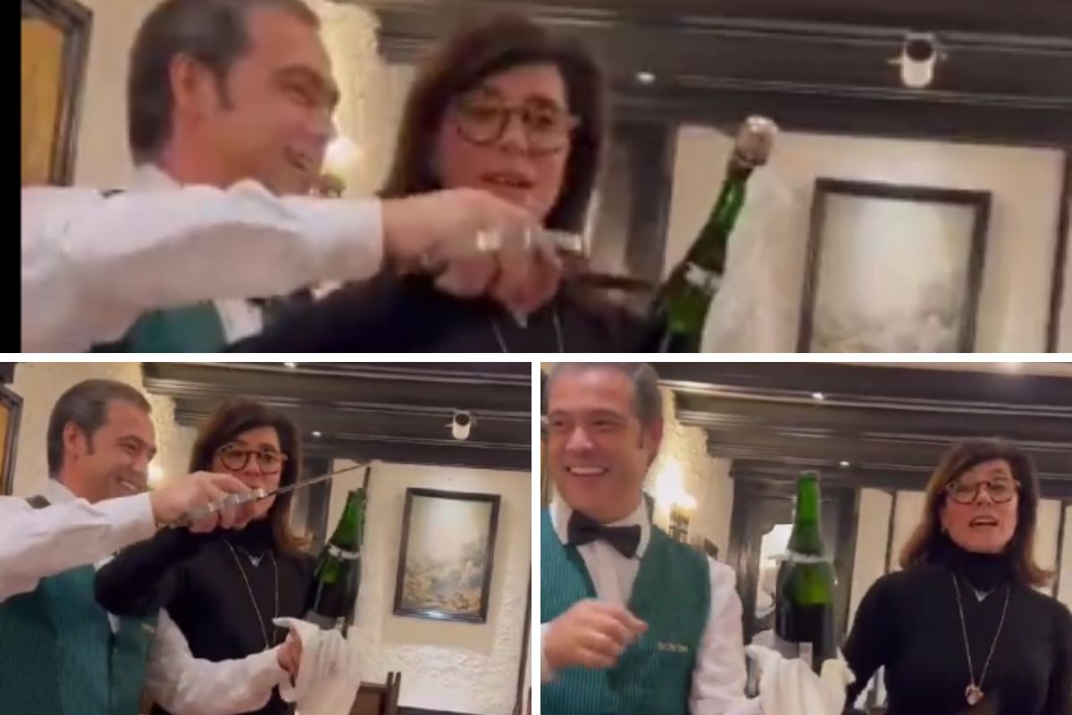 Christiane Torloni surpreende garçom que a ajuda a abrir garrafa de champanhe