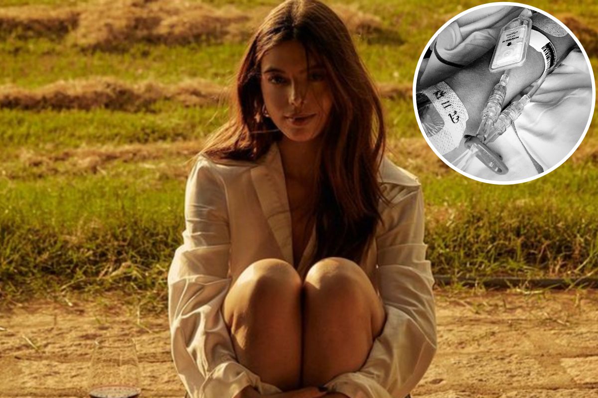Giovanna Lancellotti sentada na grama e destaque de mão da atriz em hospital