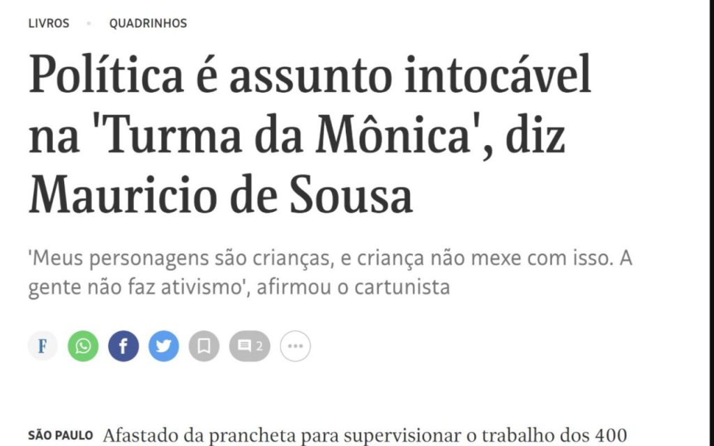 Maurício de Sousa também de pronunciou em artigo da "Folha de São Paulo", deixando claro seu descontentamento com o uso de seus personagens em manifestações políticas.