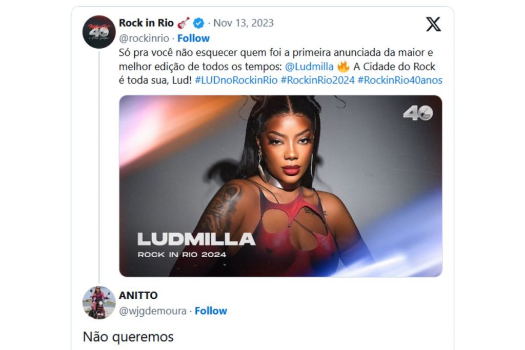 Post sobre Ludmilla no Rock in Rio 2024