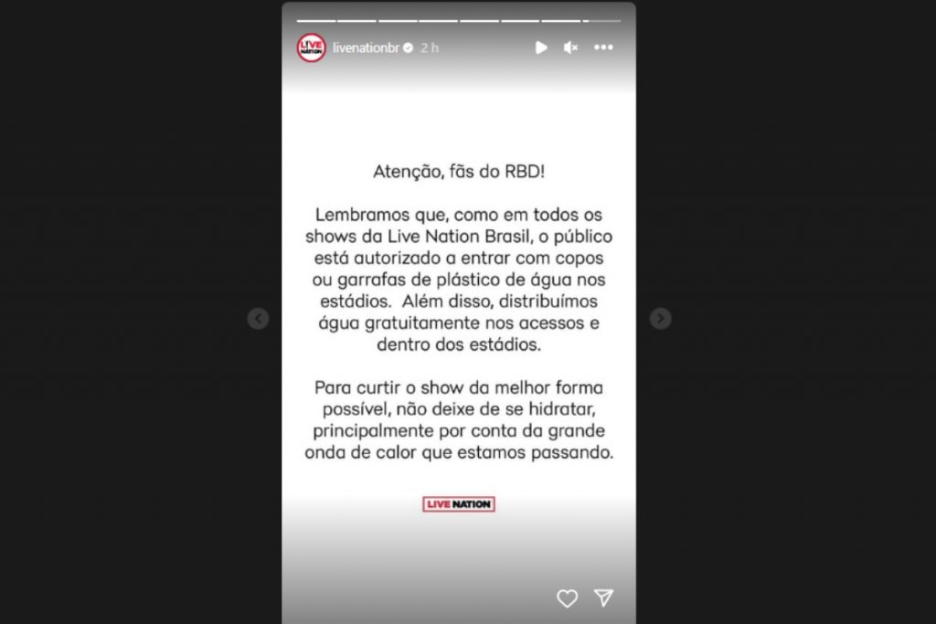 Pronunciamento da Live Nation sobre garrafas de água em show do RBD