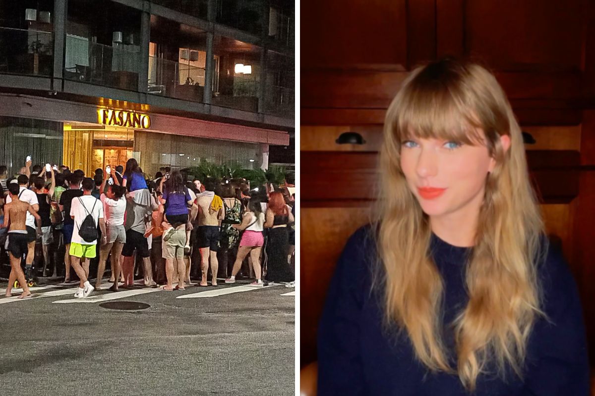 fãs da taylor swift na porta do hotel dela no brasil