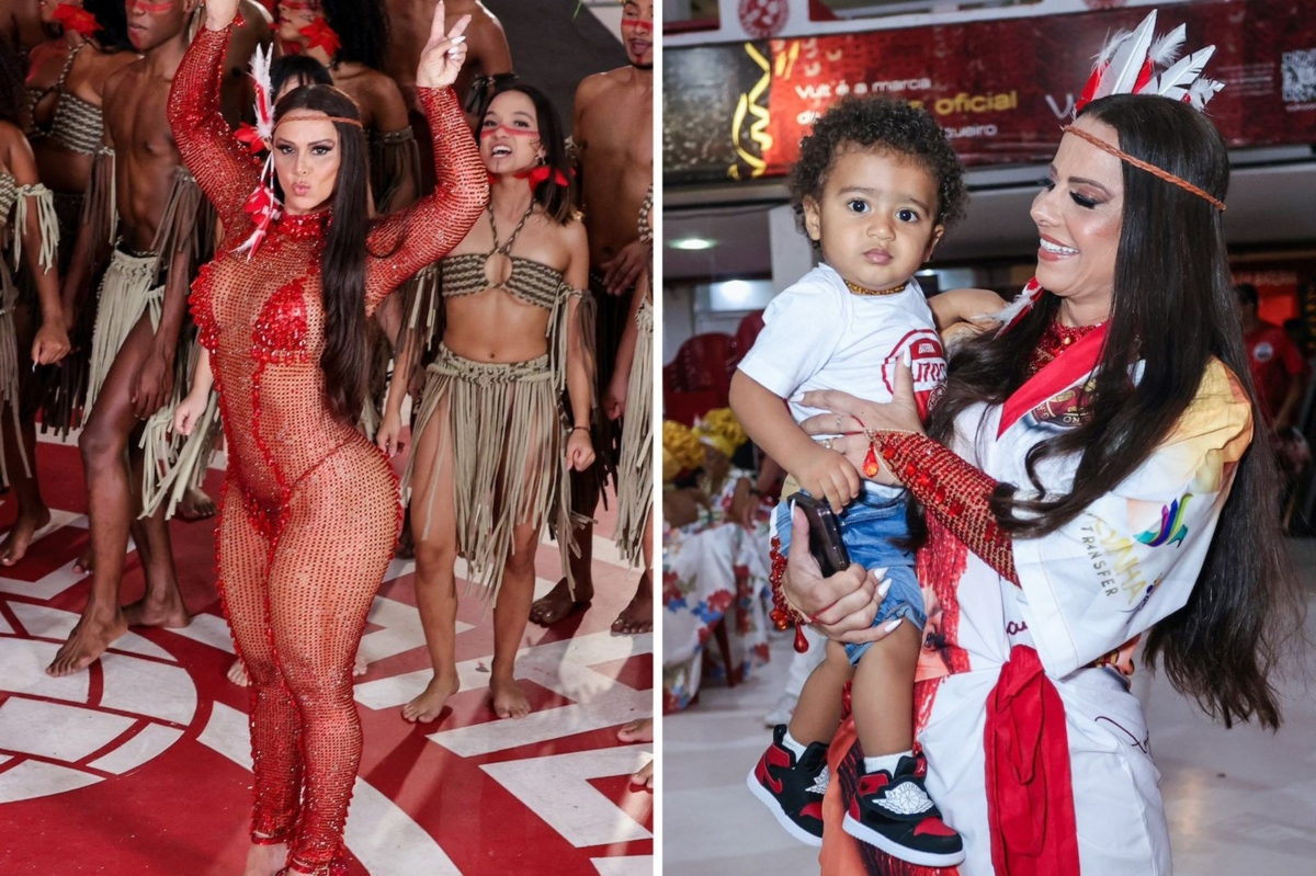 Viviane Araújo de macacão de meia arrastão vazado vermelho, biquíni vermelho e de roupão, com o filho no colo