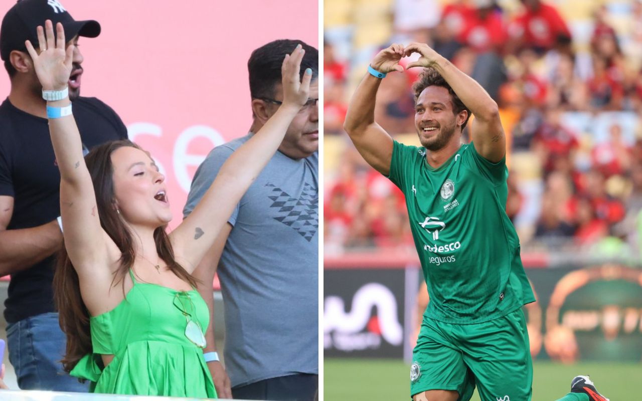 Larissa Manoela torce pelo marido e ganha gol no Jogo das Estrelas e dos Artistas, no Maracanã
