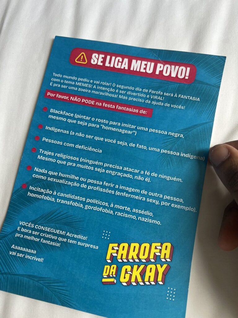 Lista de fantasias proibidas na Farofa da Gkay