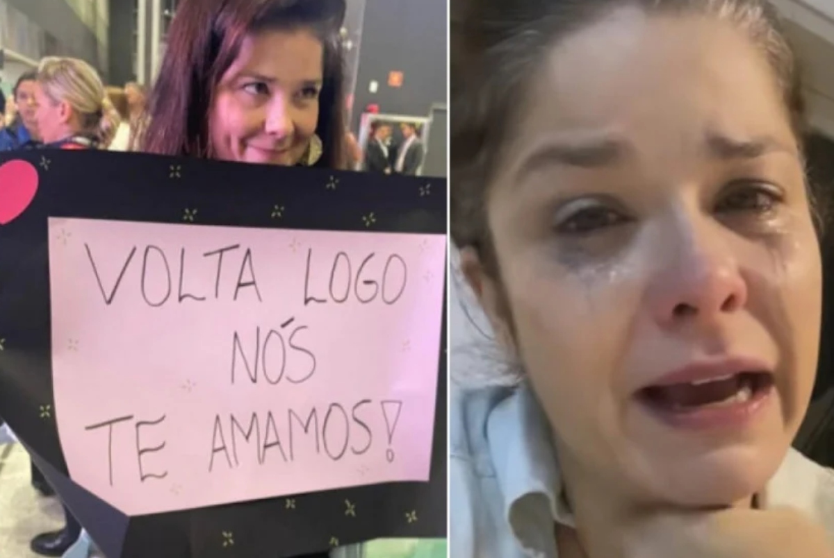 Samara Felippo segurando cartaz e chorando
