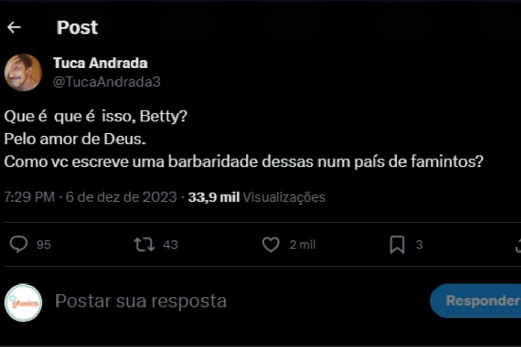 Tuca Andrada rebate Betty Faria nas redes (Reprodção/Twitter/X)