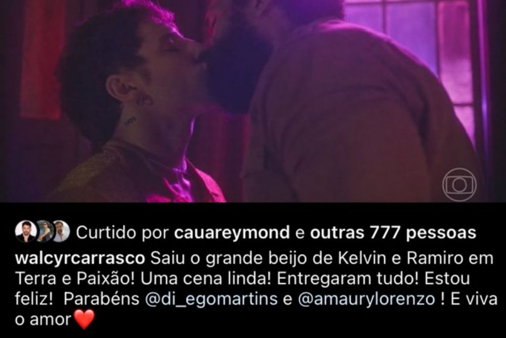 Walcyr Carrasco comemora beijo de Kelvin e Ramiro (Reprodução/Instagram)
