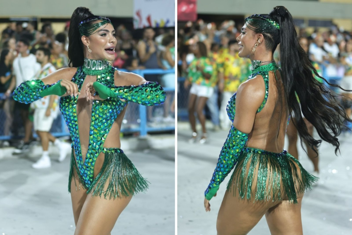Aline Mineiro de body verde estilizado, na Sapucaí, sambando