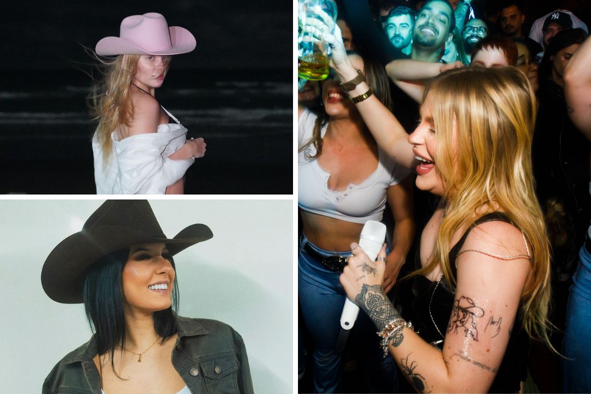 Montagem de fotos com Luisa Sonza e Ana Castela usando chapéus, e a nova tatuagem de Luisa
