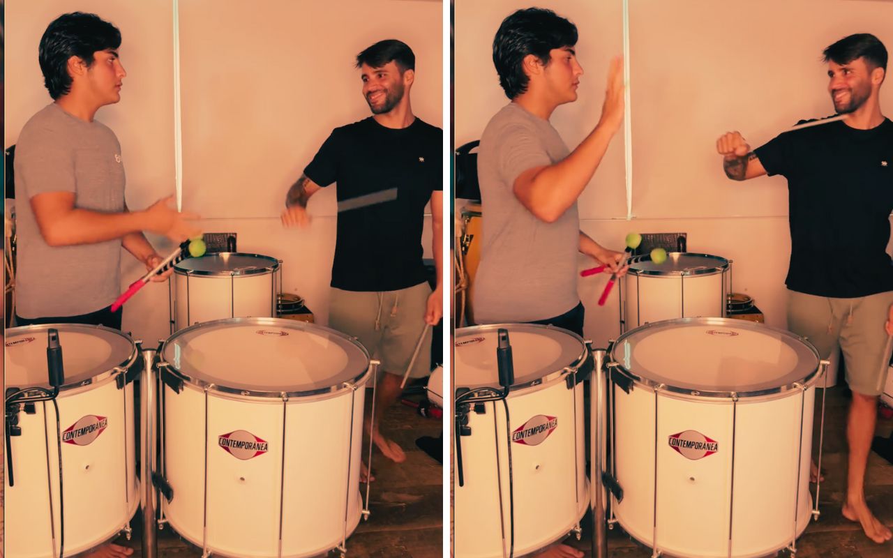 Daniel Cady e Marcelo ensaiam percussão em ritmo de carnaval