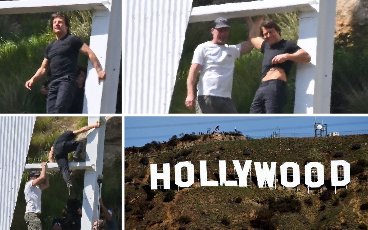 Veja fotos de Tom Cruise escalando o famosos letreiro de Hollywood para gravar um comercial relacionado ao tema olímpico. - Foto: Grosby Group